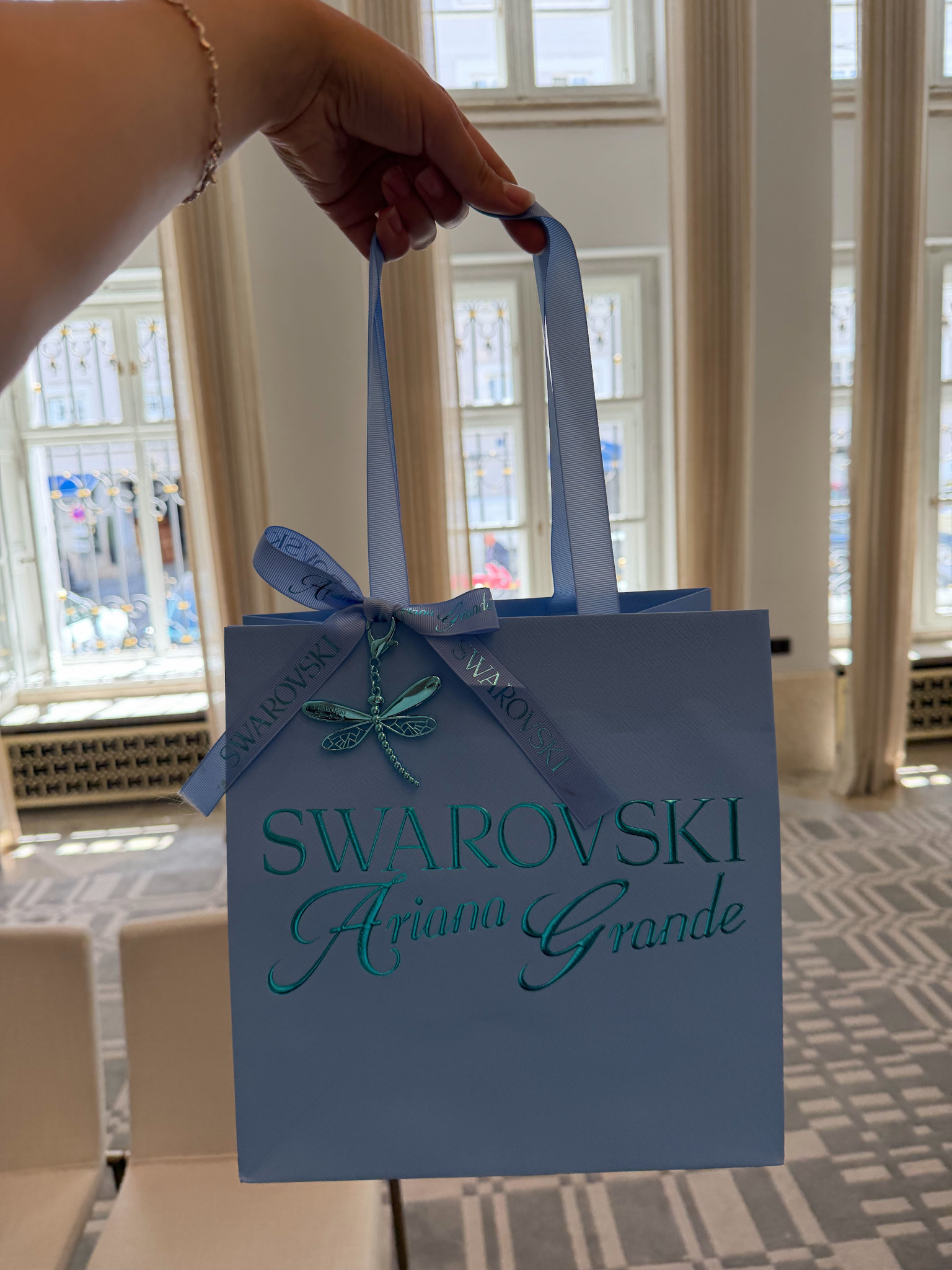 A Swarovski gift bag with a decorative bow and tag, held against the backdrop of an elegant interior with large windows.