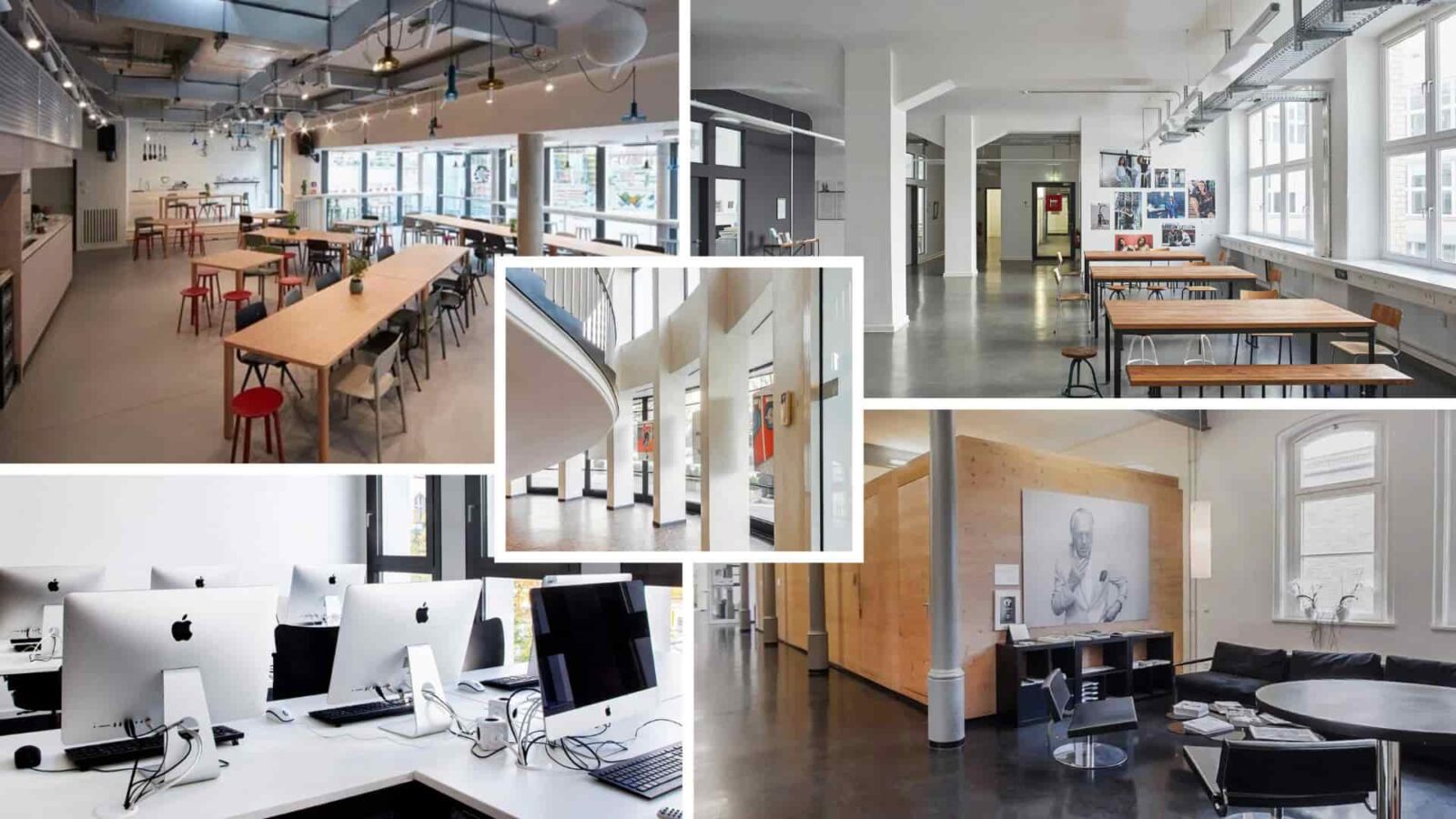 Eine Collage mit fünf verschiedenen Inneneinrichtungen der AMD-Standorte in Deutschland, die modernes Interior-Design präsentieren. Zu sehen sind stilvolle Stühle, loftartige Räumlichkeiten und eine Vielfalt unterschiedlicher Design-Stile.