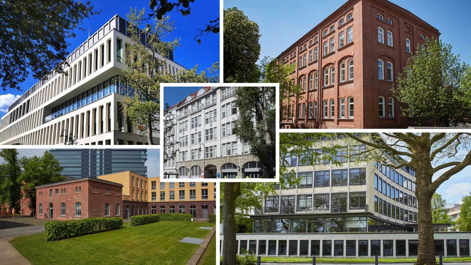 Ein Collage mit fünf Gebäuden der AMD Hochschul- Standorte in Deutschland, moderne Architektur, verschiedene Stile.