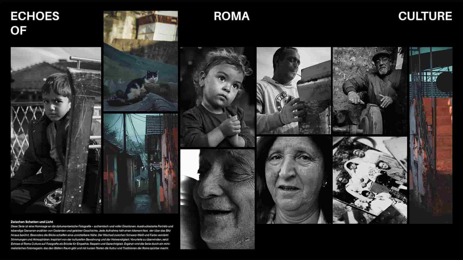 Magazinstil mit weißer Schrift auf schwarzem Hintergrund: Larisas Werk wirkt sehr zeitgemäß und zeigt Porträts von Roma und Sinti, auch Kinder und eine Katze.