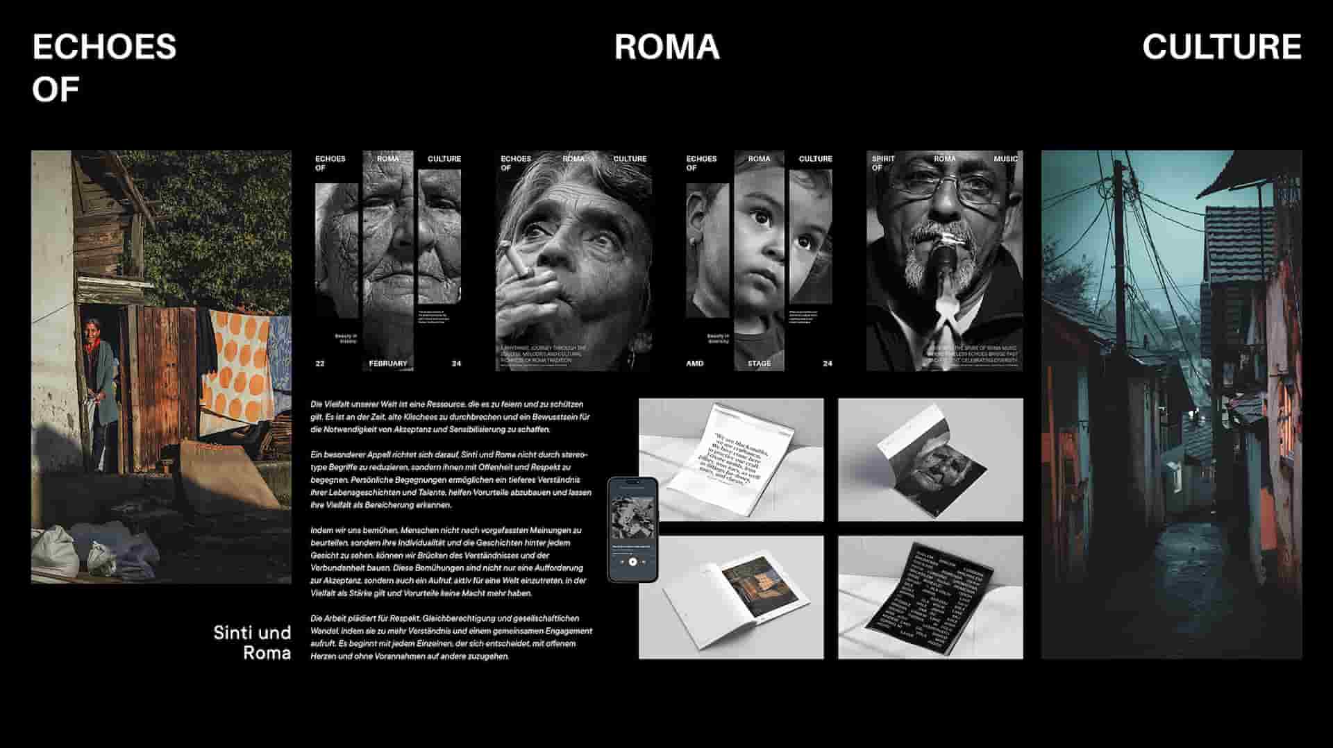 Magazinstil mit weißer Schrift auf schwarzem Hintergrund: Larisas Werk wirkt sehr zeitgemäß und zeigt Porträts von Roma und Sinti, die ihre Geschichten und Bräuche darstellen.