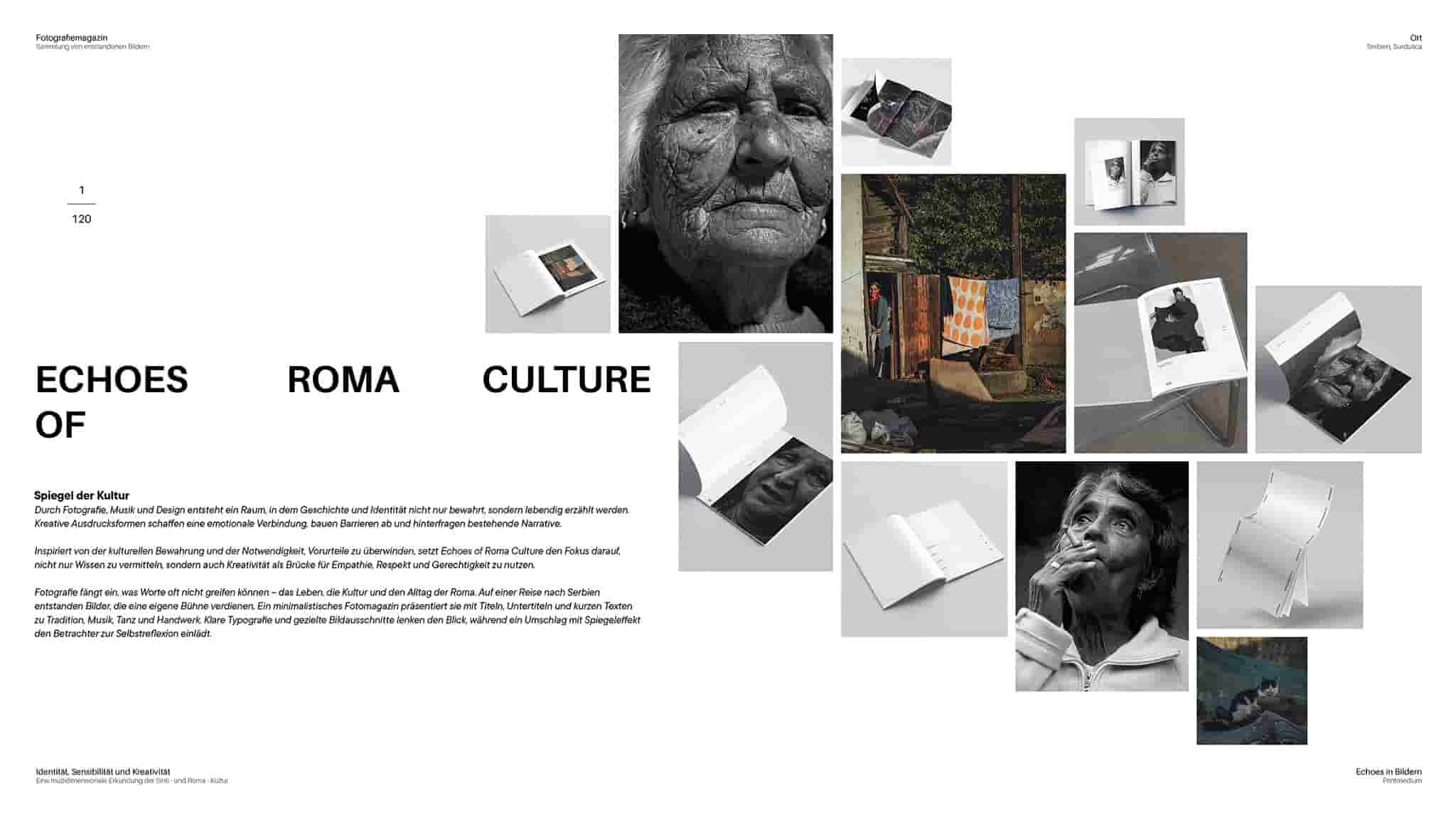 Visuelle Darstellung im Magazin-Format von Larisas Arbeit, sehr modern gestaltet und mit vielen Fotos, die diagonal angeordnet sind.