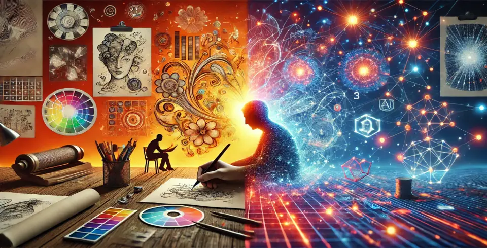 Ein Bild, das die Verbindung zwischen traditioneller Kunst und digitaler KI Innovation zeigt.