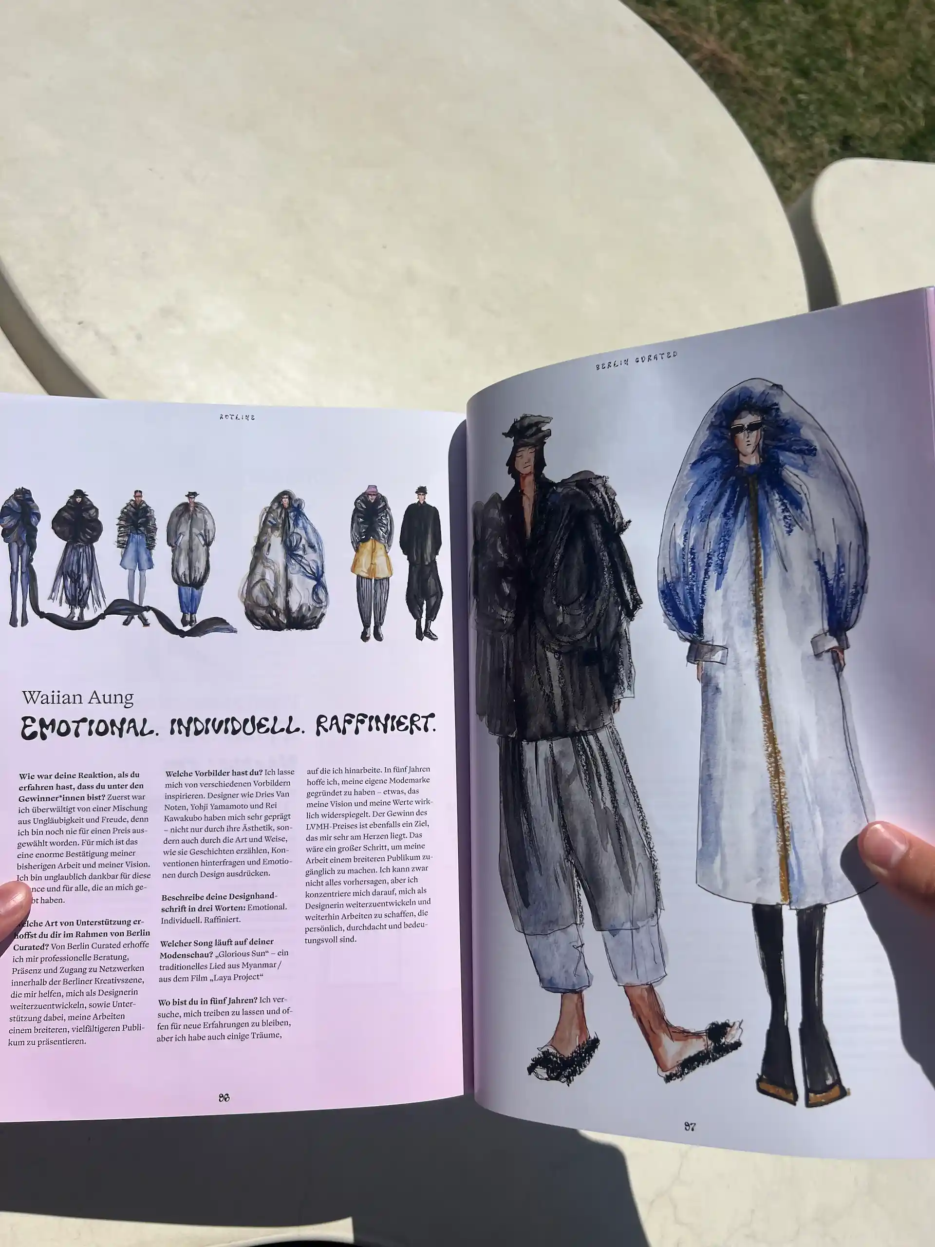 Aufgeschlagene Hotline-Doppelseite mit Fashion-Editorial aus einem studentischen Shooting