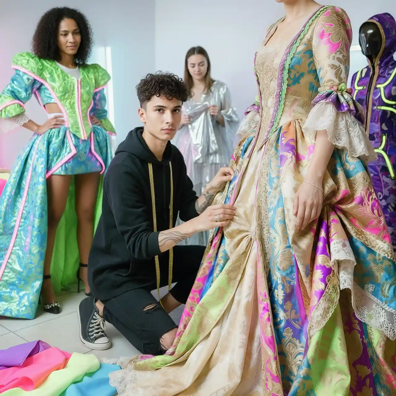 Ein Student, der farbenfrohe Kostüme für eine Theaterproduktion entwirft, und Models, die diese Kostüme anprobieren.