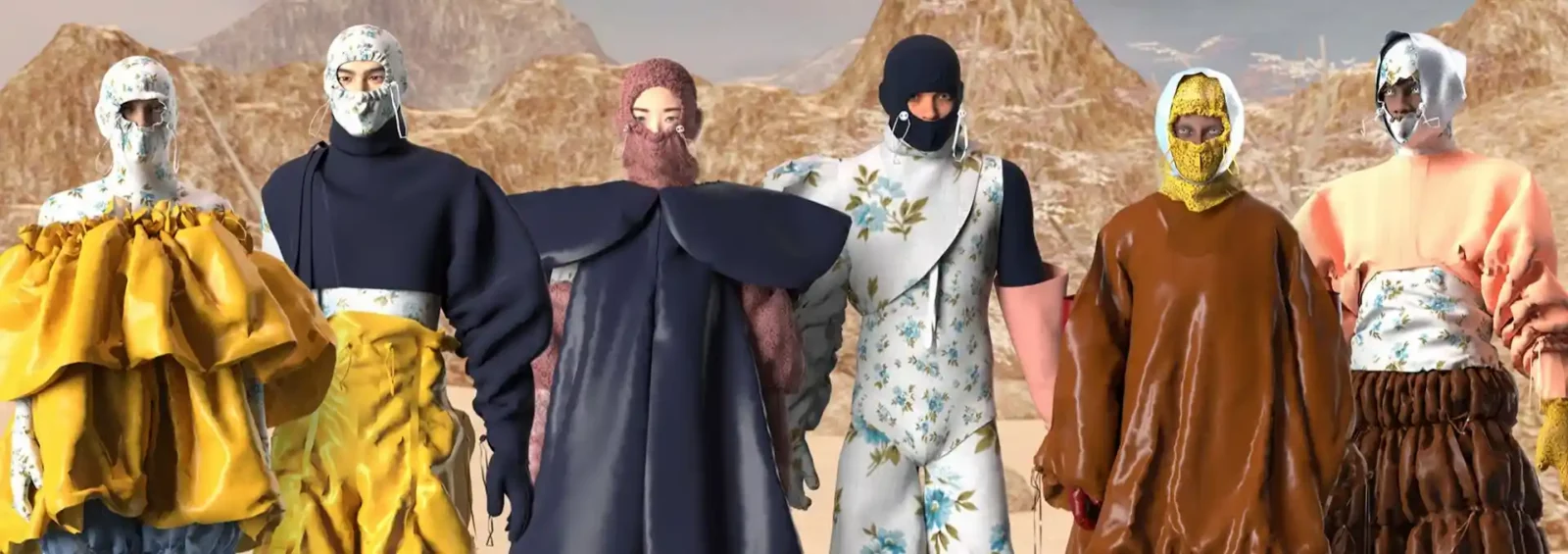 Eine Gruppe von Modellen in avantgardistischer Kleidung in einer surrealen Landschaft.