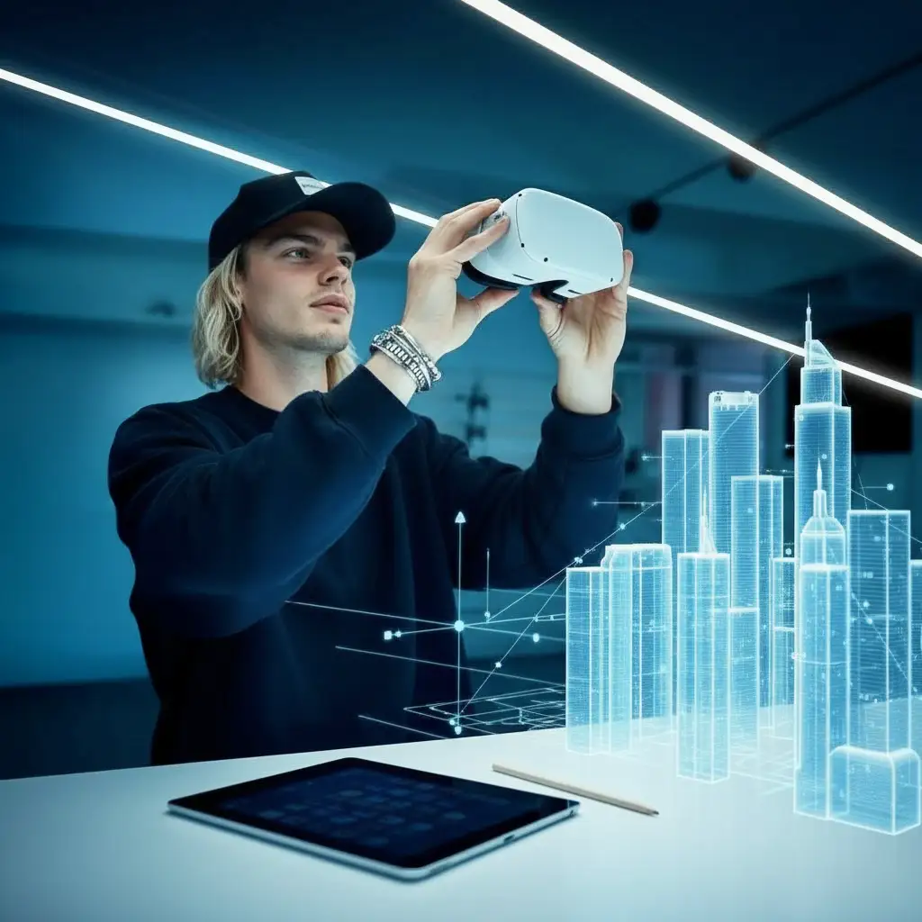 Ein Benutzer, der eine Virtual-Reality-Brille trägt und digitale Gebäude betrachtet.