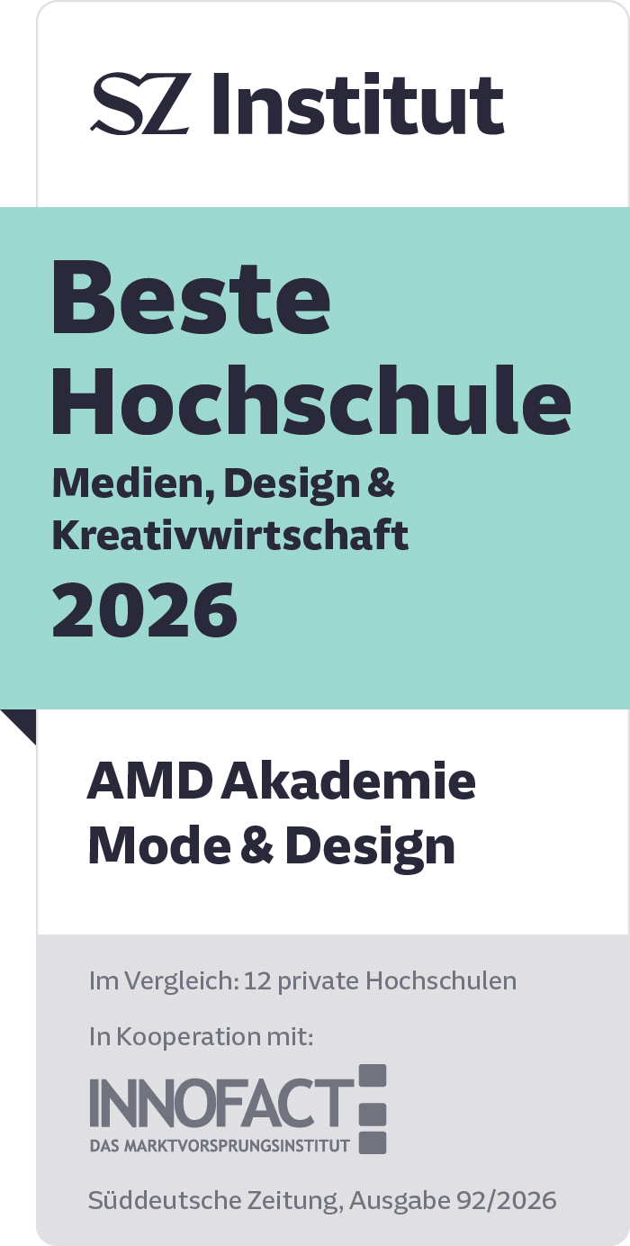 SZ-Siegel mit Informationen, dass die AMD im Jahr 2026 als beste Hochschule für Medien, Design und Kreativwirtschaft ausgezeichnet wurde.