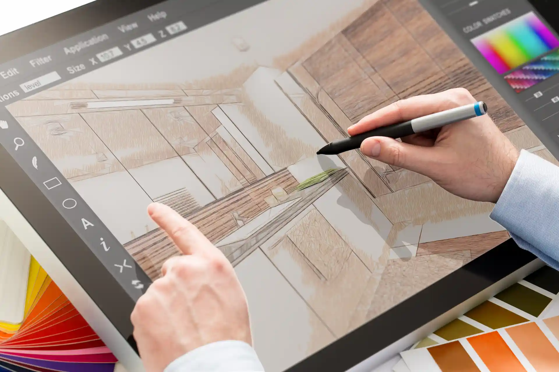 Digitale Innenarchitektur-Zeichnung auf einem Tablet als Symbol für das Innenarchitektur-Studium